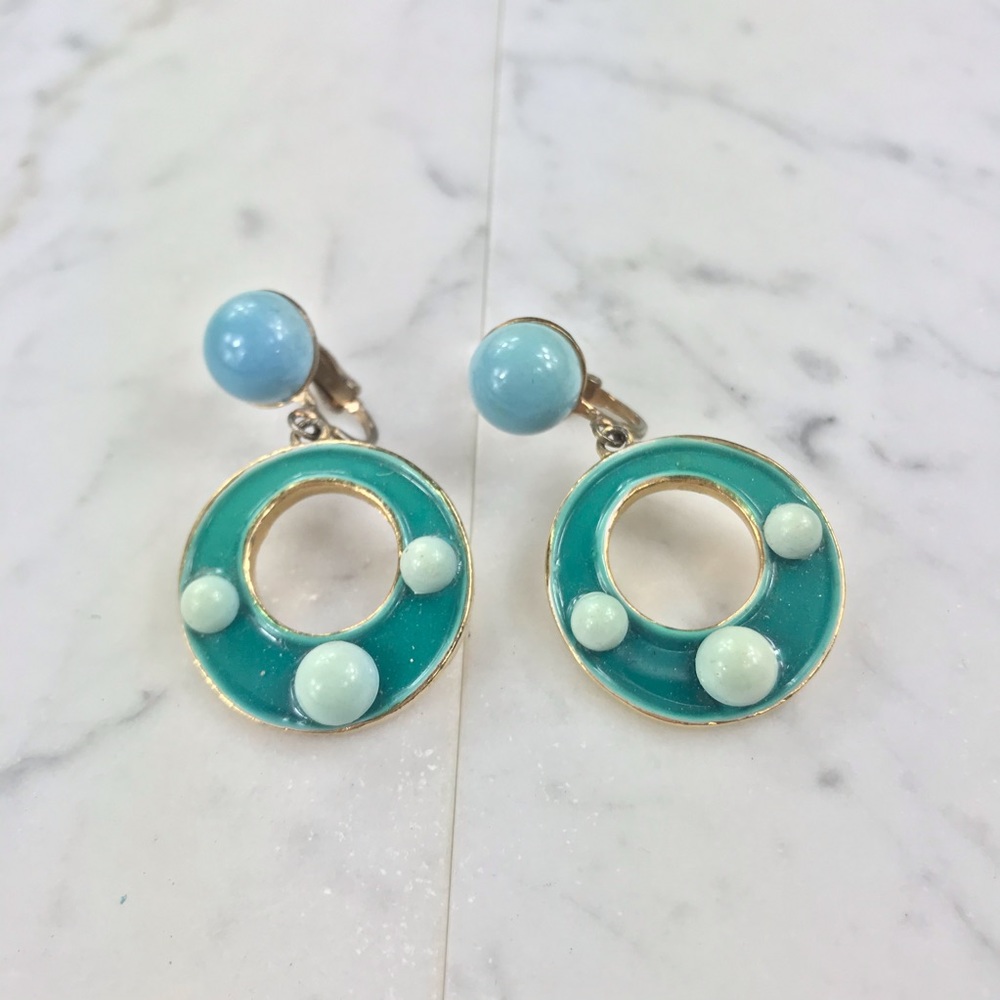 Vtg 50s Weiss blue enamel dangle clip on earrings